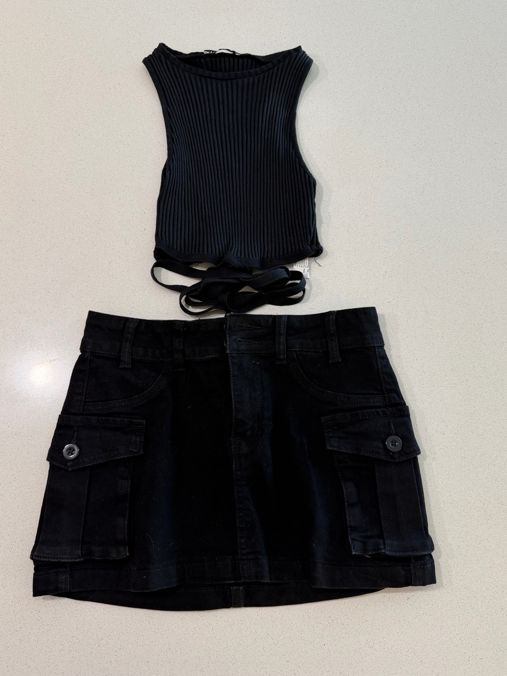 Zara Black Ribbed Tie-Back Crop Top & Cargo Mini Skirt Set
